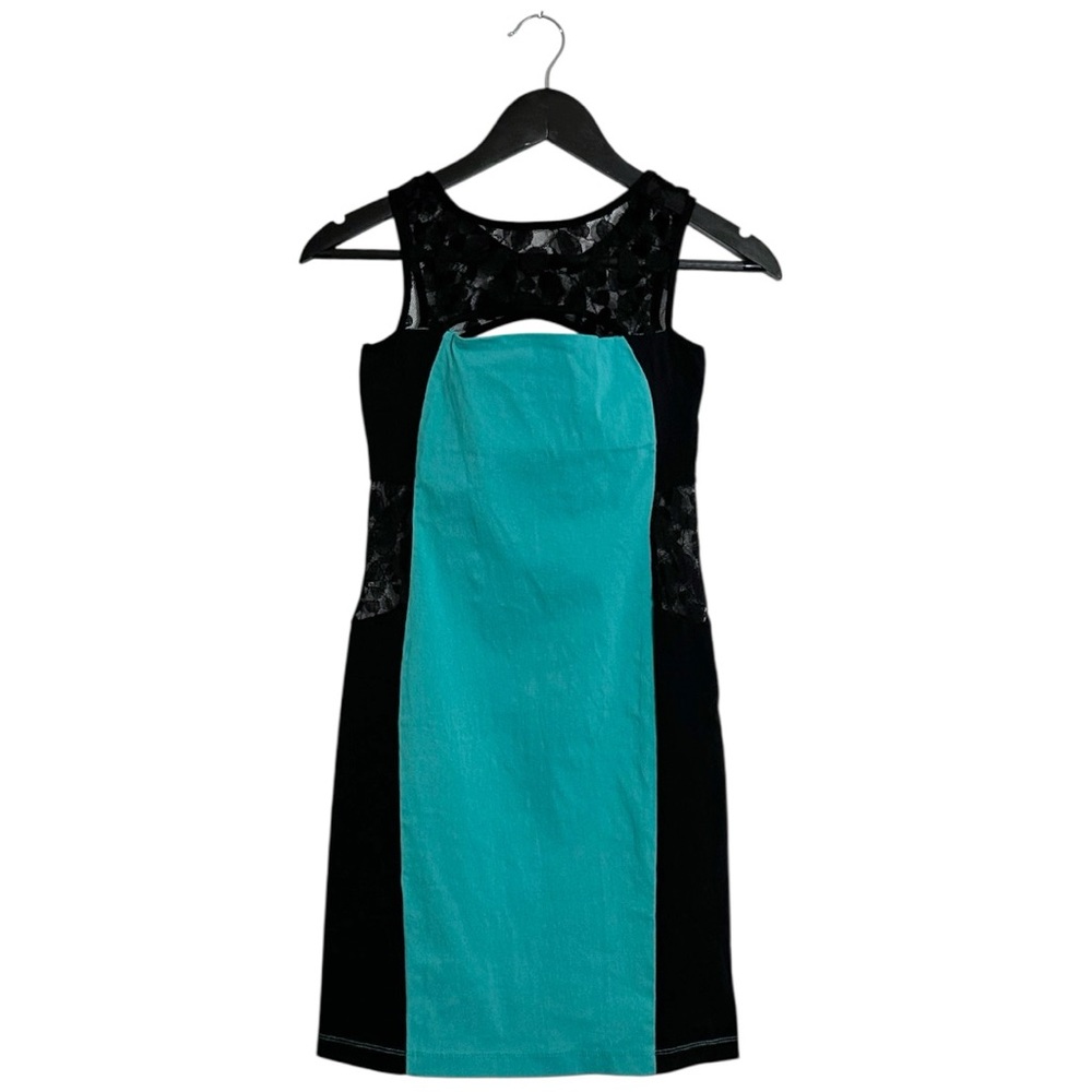 Poof Brand Black Teal Bodycon Dress Lace Detail Y2K Vintage Size Large Cocktail